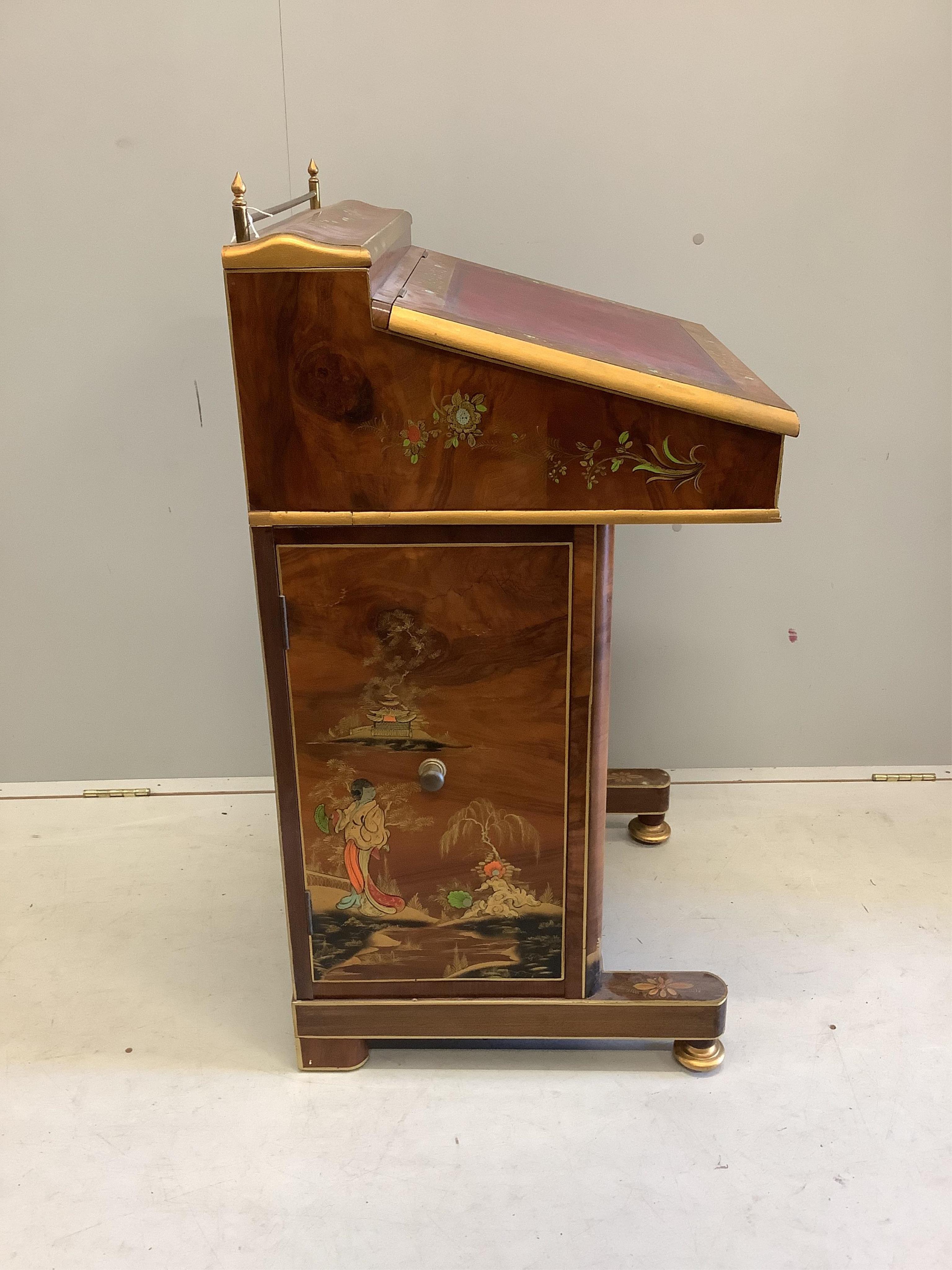 A reproduction chinoiserie lacquered Davenport, width 54cm, depth 52cm, height 98cm